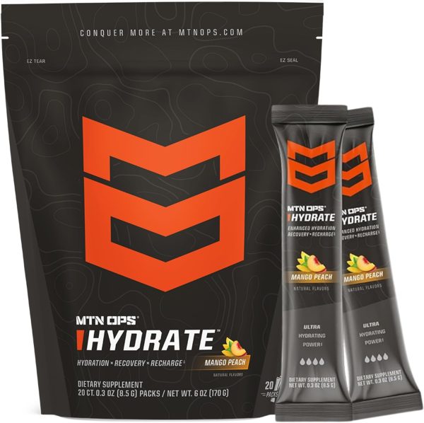 MTN OPS Hydrate Electrolytes Powder Drink Mix, 20 Single Serving On-The-Go Electrolyte Packs with Over 1000mg of Electrolytes per Serving, Mango Peach - Image 9