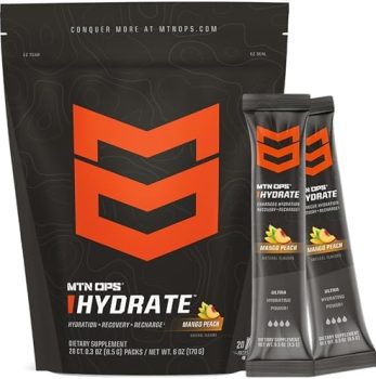 MTN OPS Hydrate Electrolytes Powder Drink Mix, 20 Single Serving On-The-Go Electrolyte Packs with Over 1000mg of Electrolytes per Serving, Mango Peach