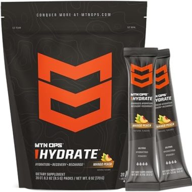 MTN OPS Hydrate Electrolytes Powder Drink Mix, 20 Single Serving On-The-Go Electrolyte Packs with Over 1000mg of Electrolytes per Serving, Mango Peach